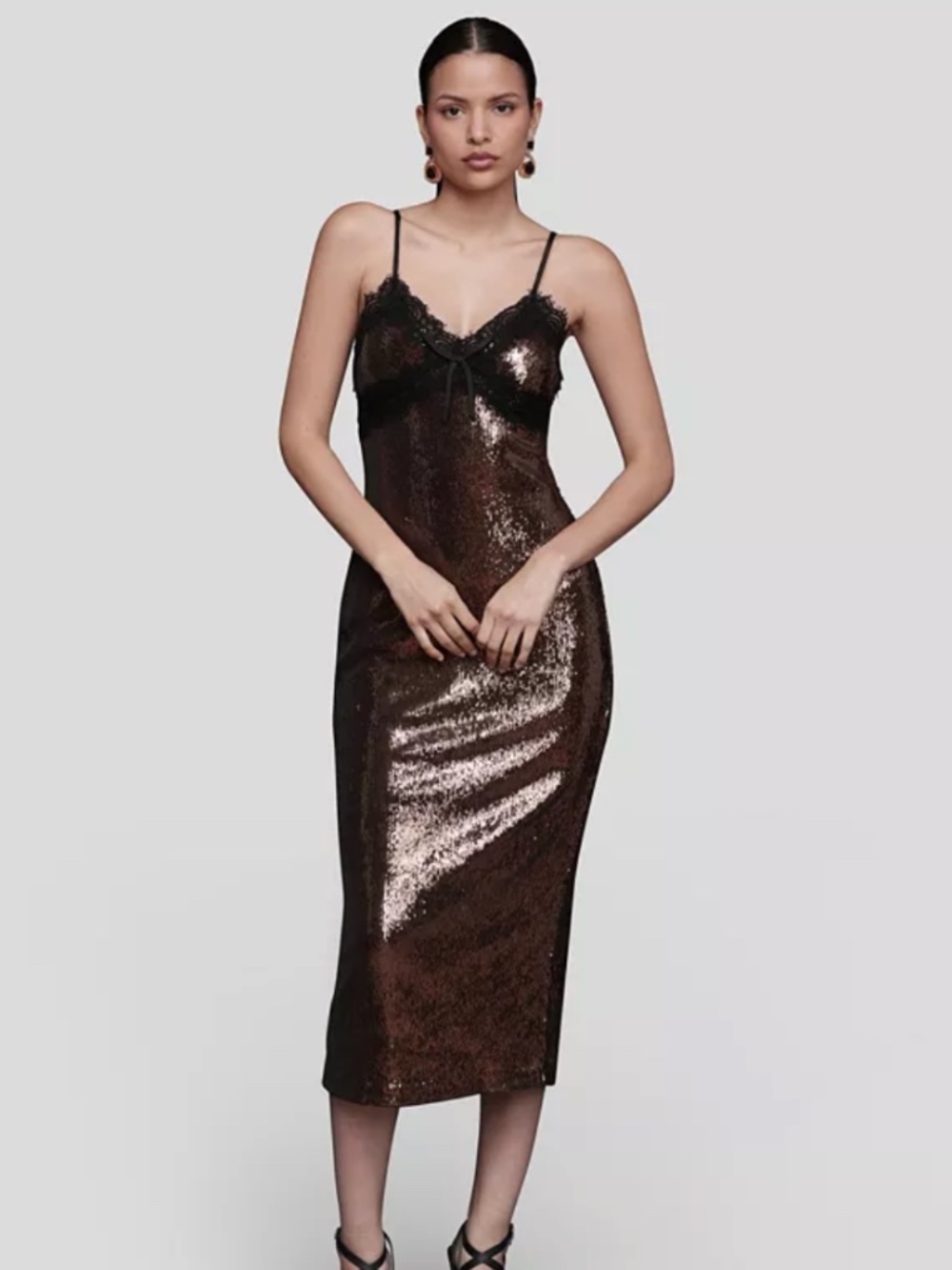 (NWT) Avec Les Filles Women's Lace Trim Sequin V-Neck Midi Dress